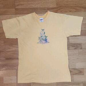 Vtg Anvil Tshirt Sz Large Womens Bird Bath Embroider Cottagecore Grandma Nature